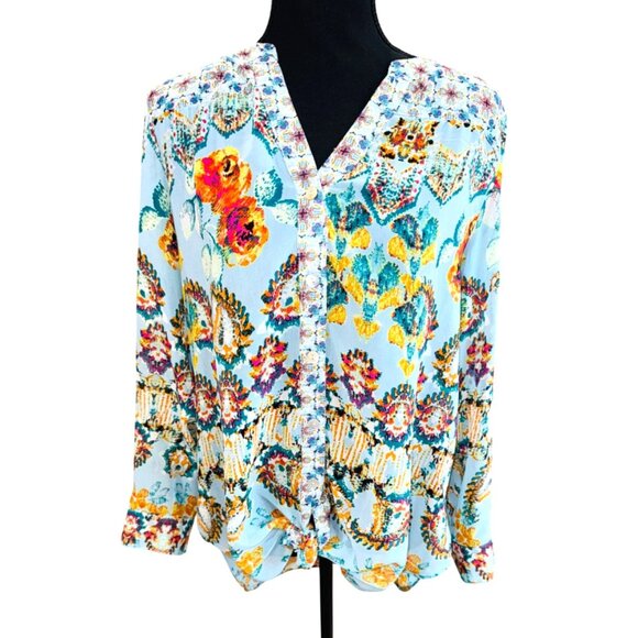 Olive Hill Floral Button Down Blouse M Multicolor Lightweight Boho India Office - Picture 1 of 9
